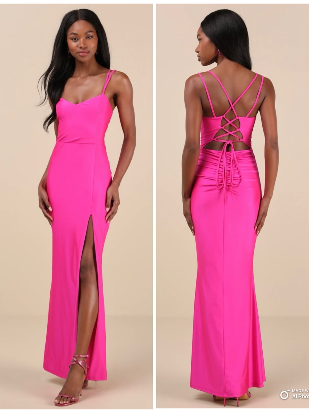 Lulus XS Jadine Hot Pink Slinky Knit Ruched Lace-Up Mermaid Maxi Dress NWT Party